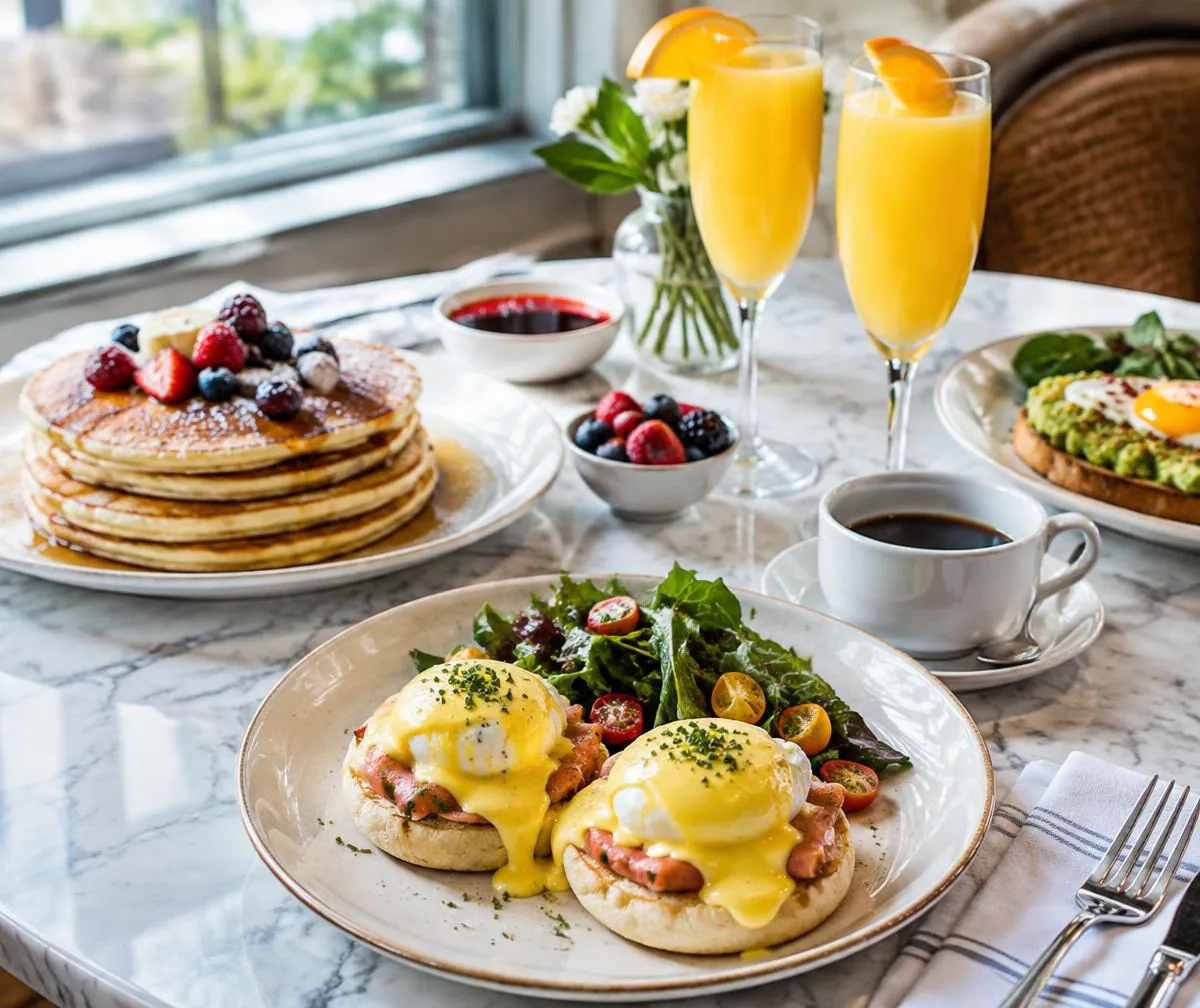 Weekend brunch spread with mimosas and coffee