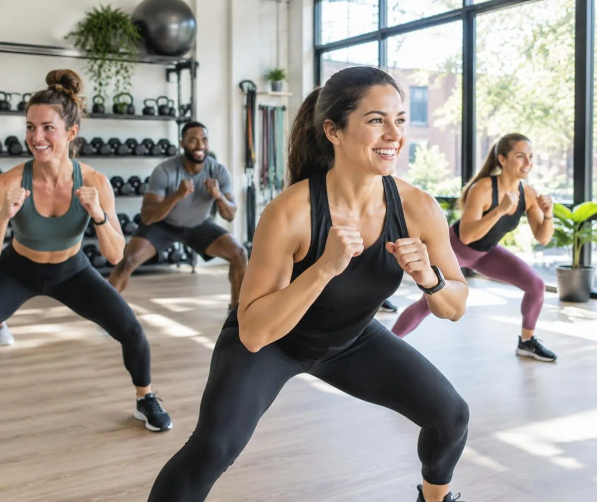 Group fitness class in a bright local studio