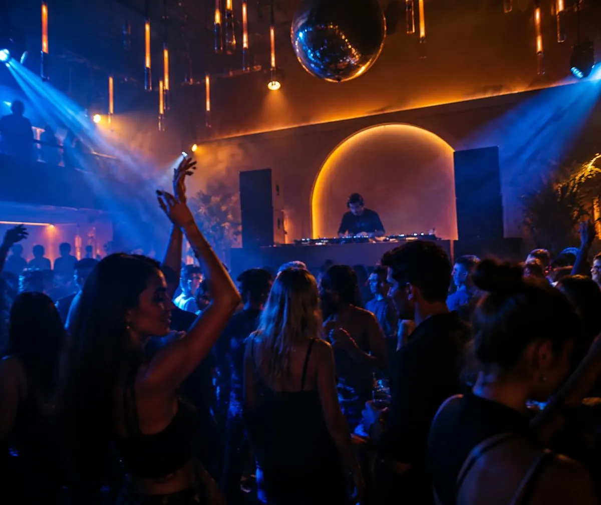 Crowd dancing in front of a DJ at a nightclub