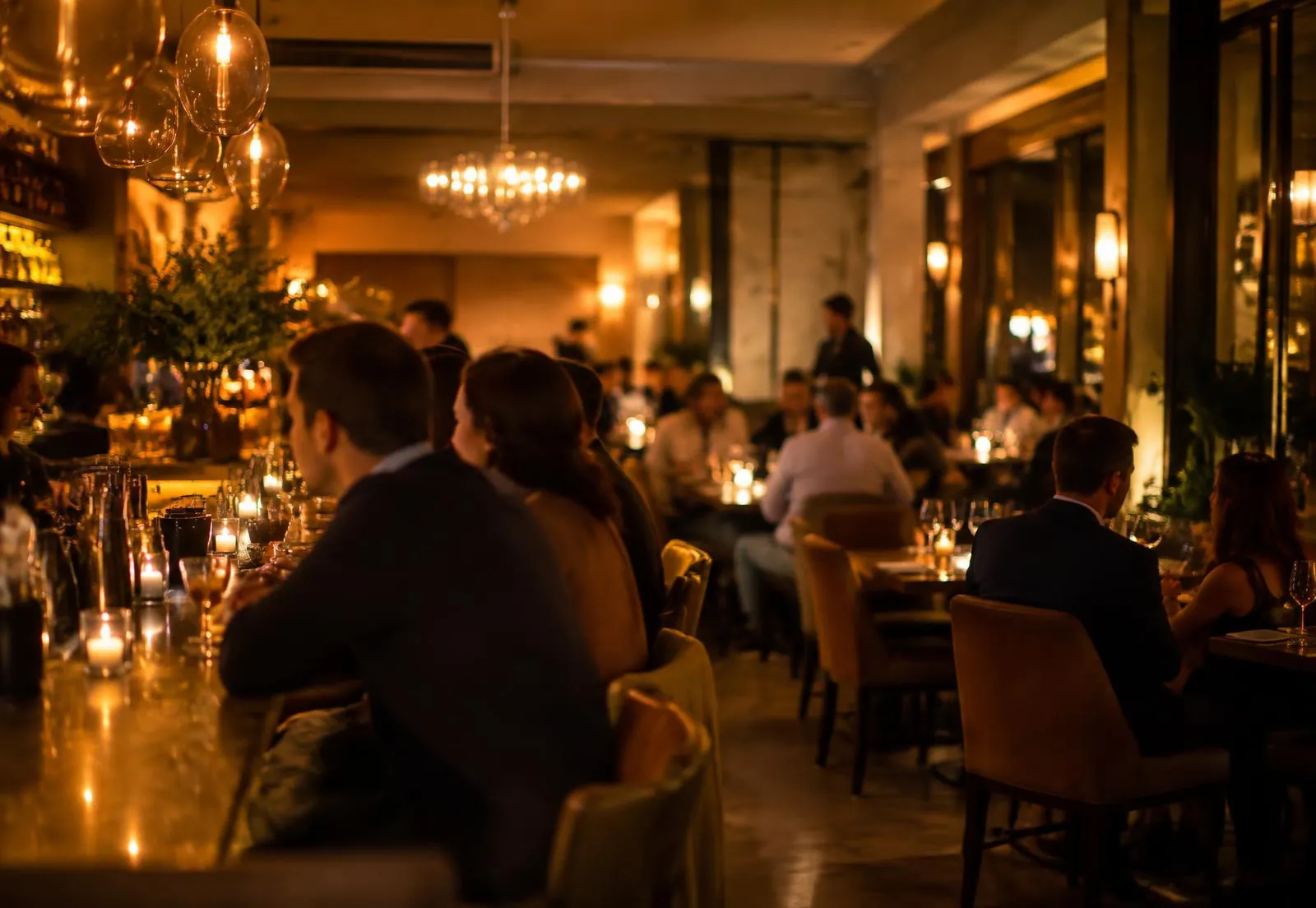 Busy restaurant dining room in the evening